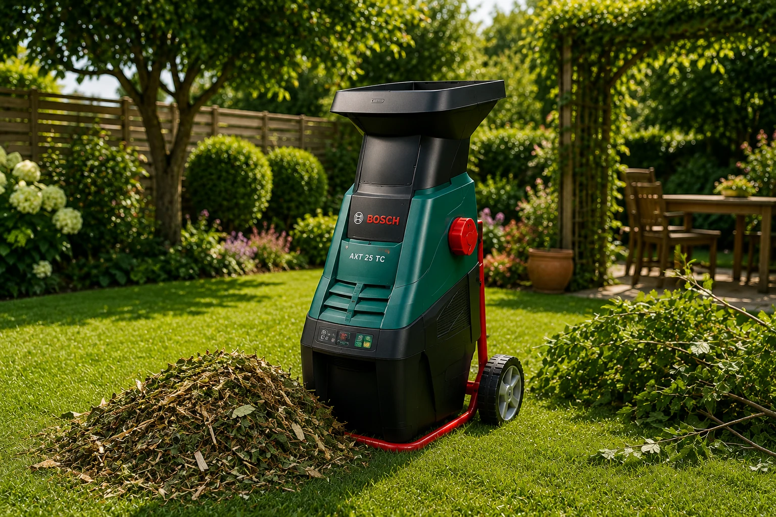 Broyeur de végétaux utilisé pour broyer des branches de jardin — à titre illustratif, les modèles présentés sur cette page varient