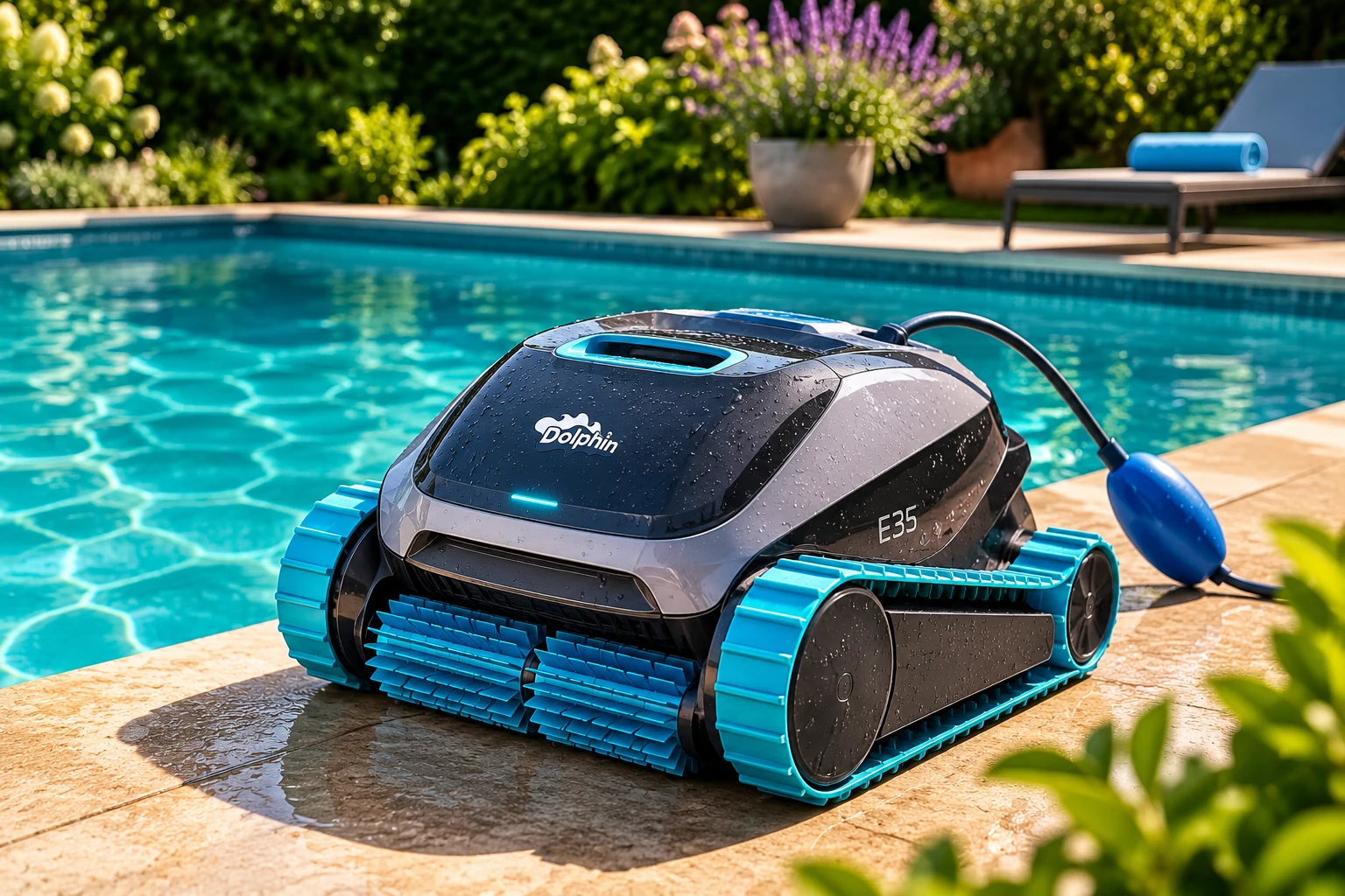 Robot de piscine posé au bord d'un bassin — à titre illustratif, les modèles présentés sur cette page varient