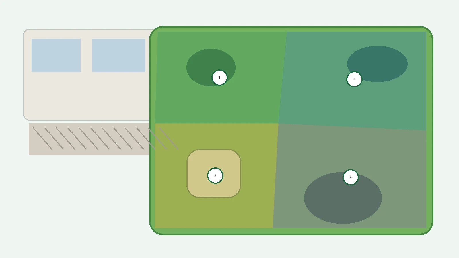 Illustration générique d'un terrain de jardin découpé en zones dont la surface réelle doit être estimée, sans produit ni marque précise