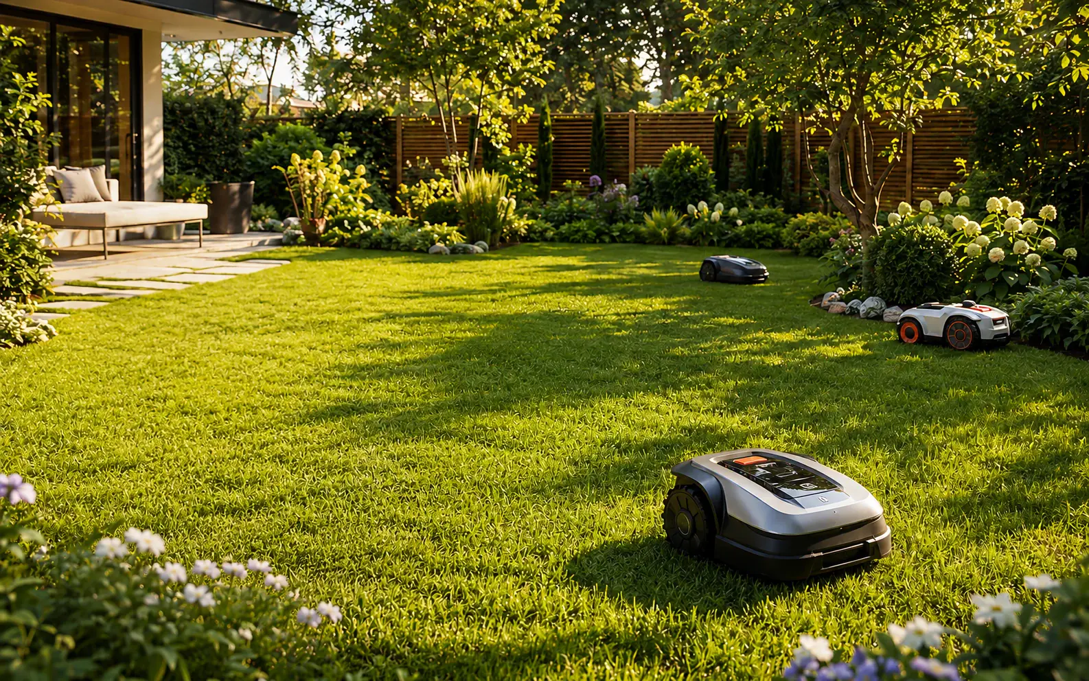 Plusieurs robots tondeuses de marques différentes sur une pelouse de jardin — à titre illustratif, les modèles présentés sur cette page varient